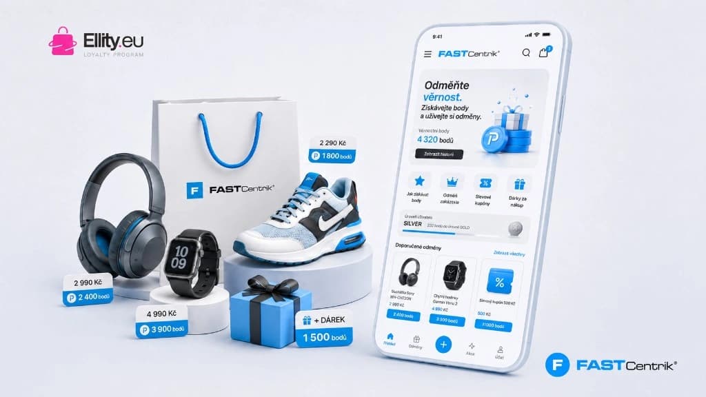 Věrnostní systém Ellity pro FastCentrik — 3D scéna s odměnami, telefonem a logy Ellity.eu a FastCentrik