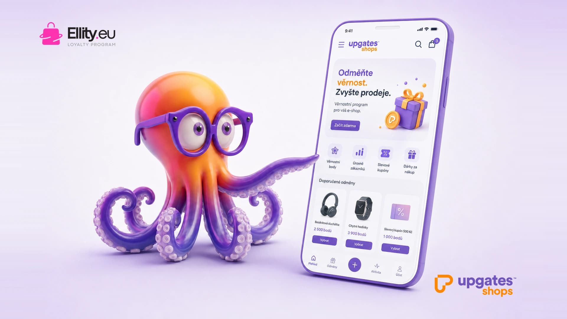 Věrnostní systém Ellity pro Upgates — maskot Upgates a logo Ellity.eu Loyalty Program.