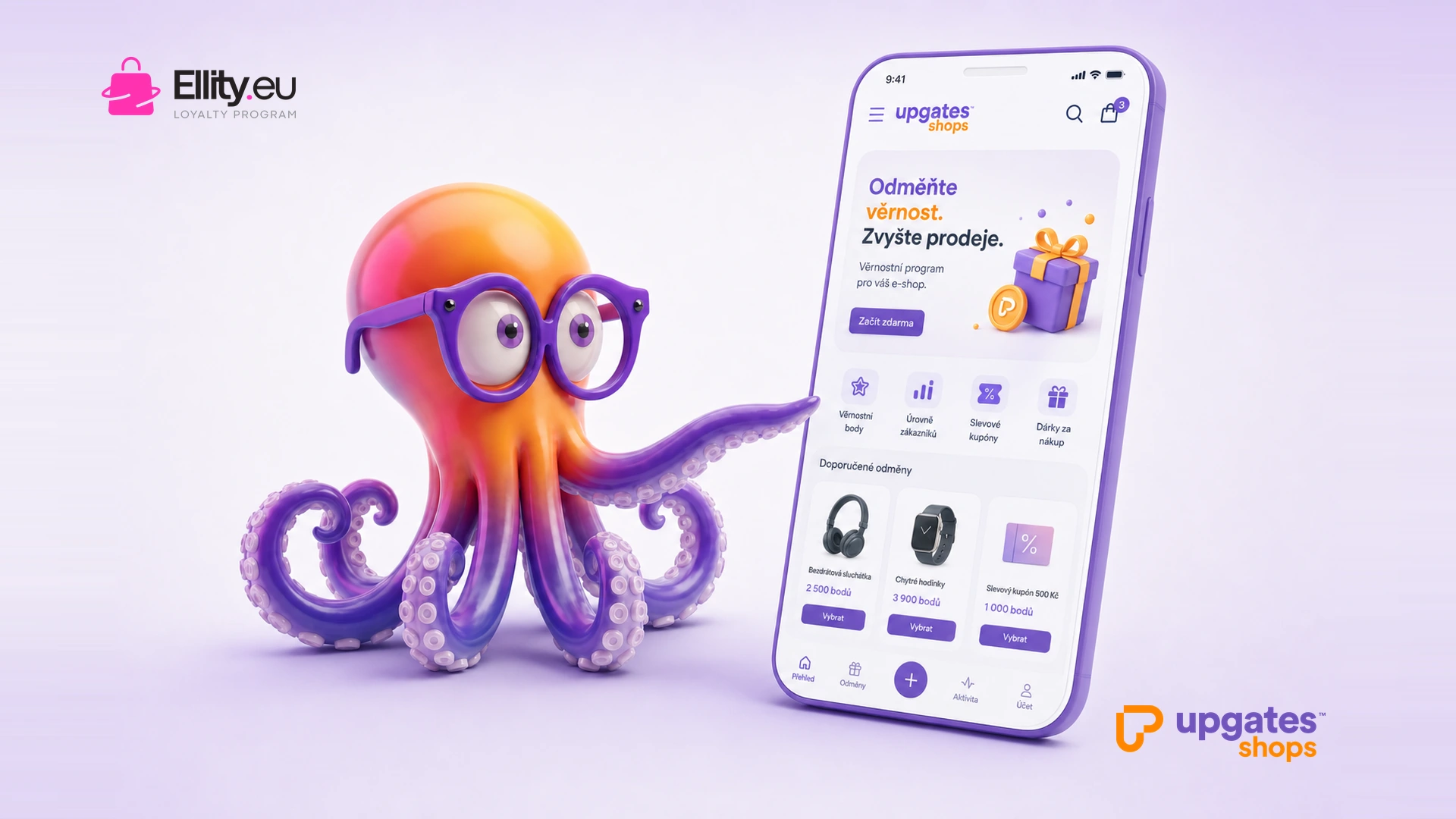 Věrnostní systém Ellity pro Upgates — maskot Upgates a logo Ellity.eu Loyalty Program
