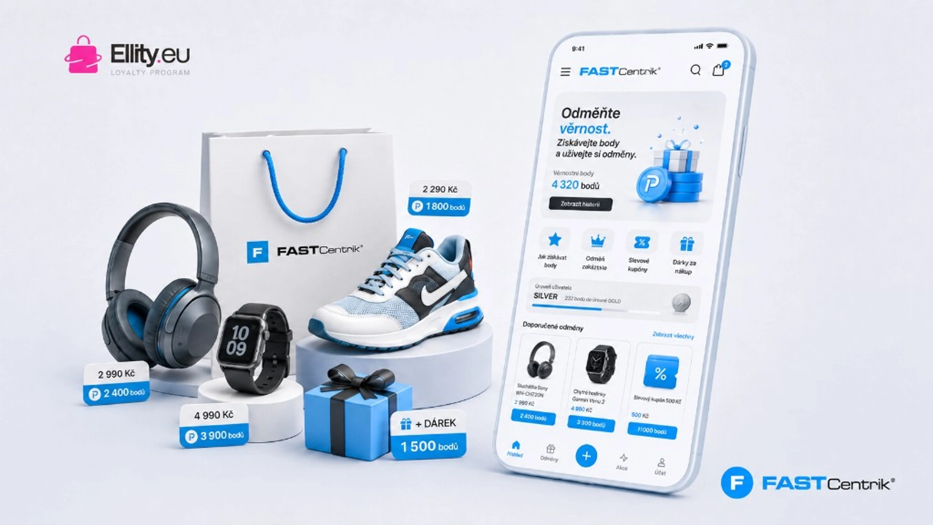 Věrnostní systém Ellity pro FastCentrik — 3D scéna s odměnami, telefonem a logy Ellity.eu a FastCentrik.